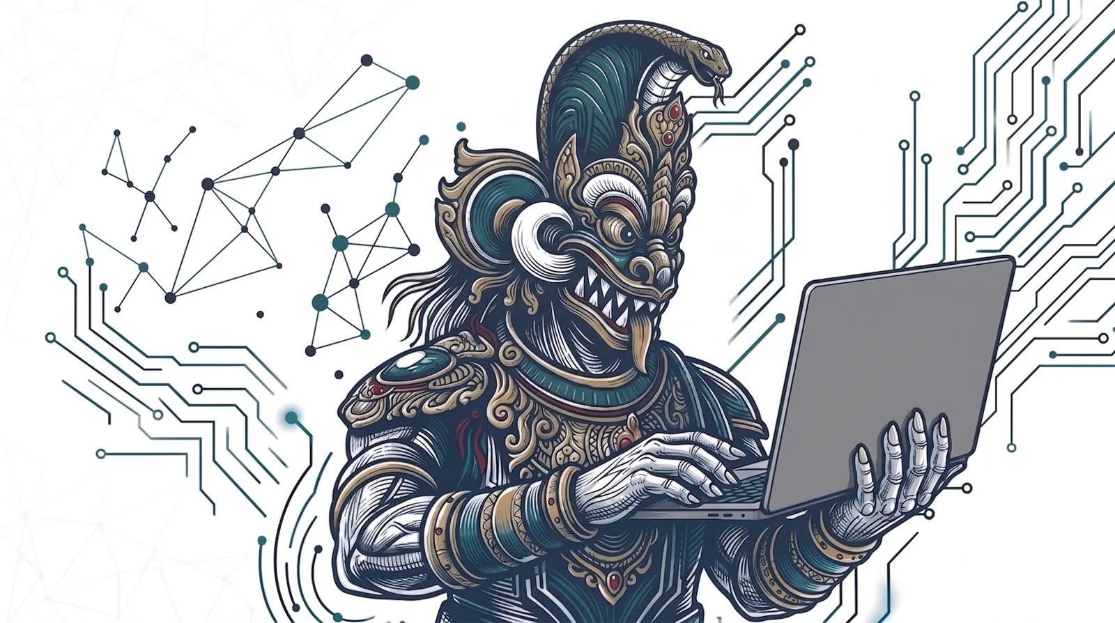 Laptop එකක වැඩ කරන සාම්ප්රදායික වෙස් මුහුණු රණශූරයා