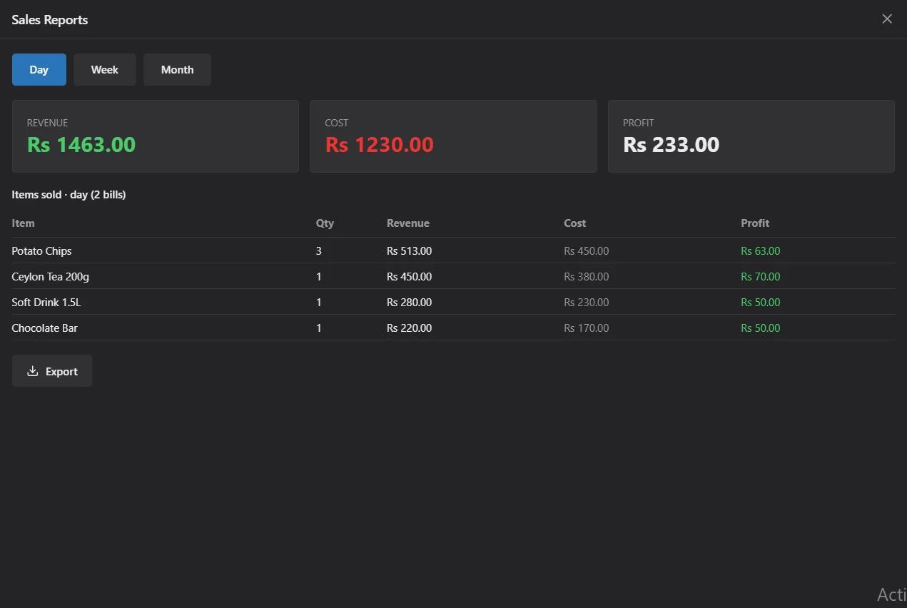 දවසේ revenue, cost, profit පෙන්නන sales report එක